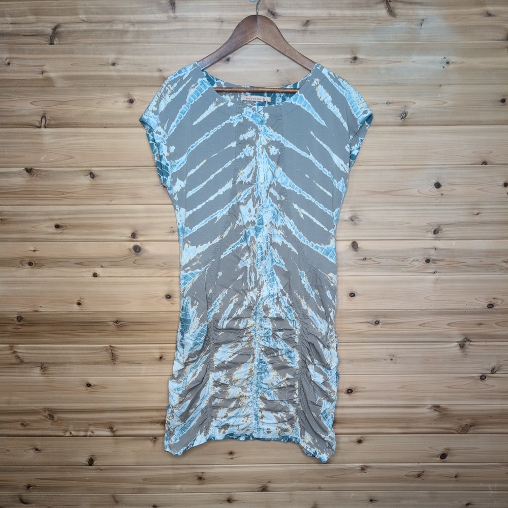 Wearables Tie Dye Ruched Mini Dress Blue Taupe Shibori Boho Cap Sleeve L